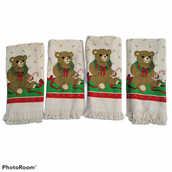 Cannon Dish Towels Vintage Christmas Wreath Bears Candy Canes USA Set 4 Kitchen - Picture 1 of 10